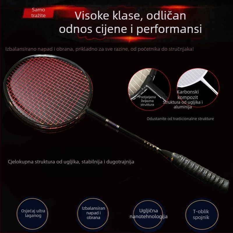 Raketa za badminton od karbonskih vlakana, ultralagana, ravna drška, težina 75–79 g, vlakna od svile