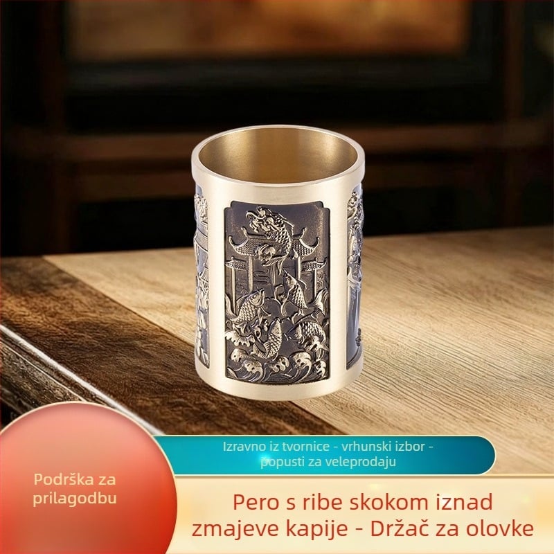 Držač olovke s motivom Ribe koja skače preko Vrata Zmaja, od mjedi, moderan minimalisticki stil, lijevanje, pogodan kao poslovni dar