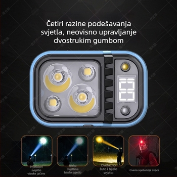 LED čelna lampica s digitalnim zaslonom, napajanje baterijom, domet 500 m, trajanje 6 sati, težina 52 g