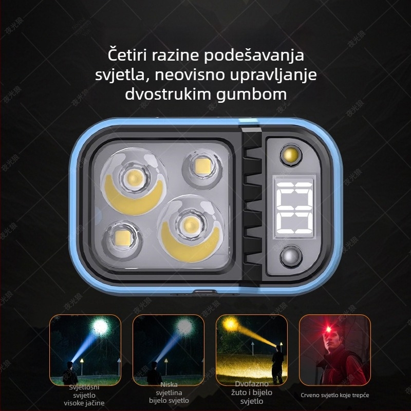 LED čelna lampica s digitalnim zaslonom, napajanje baterijom, domet 500 m, trajanje 6 sati, težina 52 g