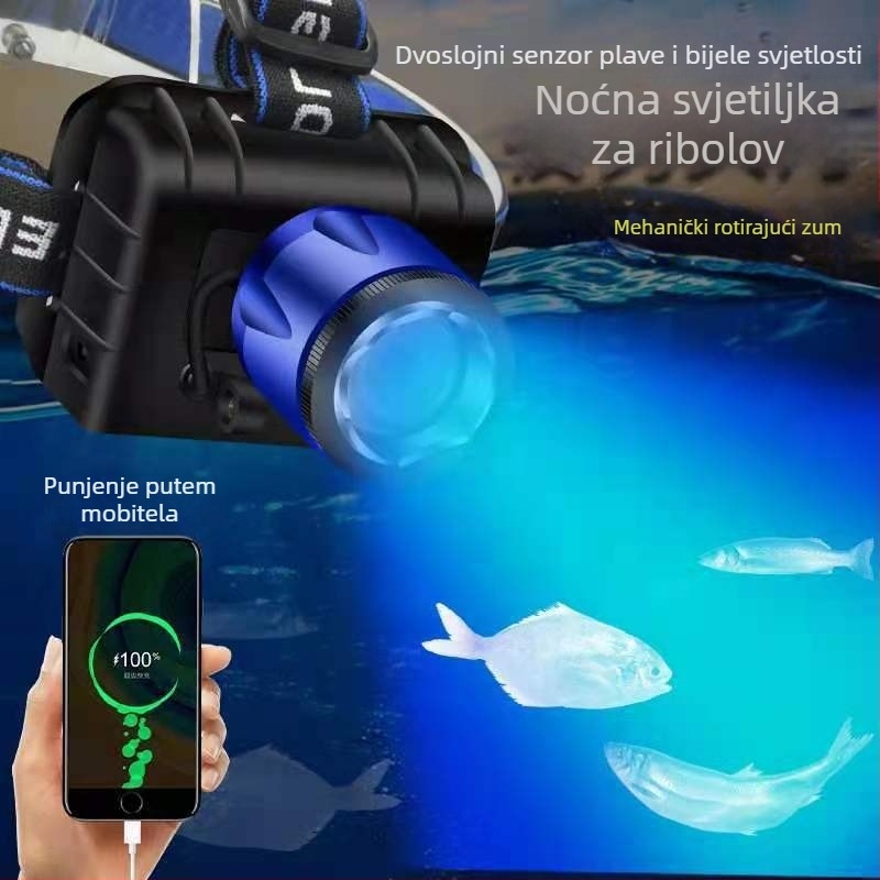 LED čelna lampica s dvostrukim bijelo-plavim LED-om, punjiva, 120W, 5000mAh, domet 200–500 m