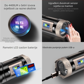 LED ribolovna lampica s četiri izvora svjetla, zumiranje, 360° okretanje, vodootporna, maksimalni domet 200-500 m