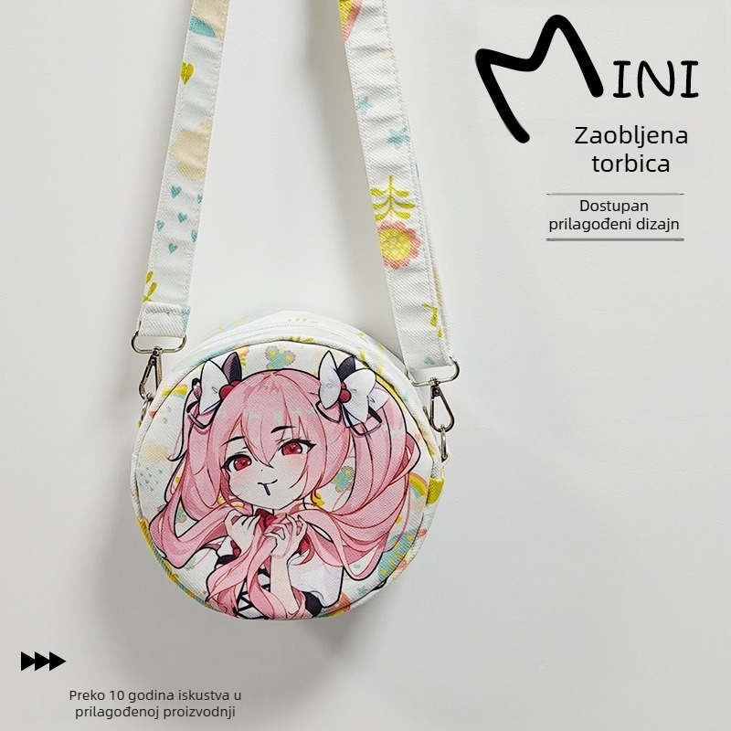 Ženska crossbody torba u japanskom stilu s karikaturama, jacquard platno, okrugli oblik, zatvarač, laminirani unutarnji džep