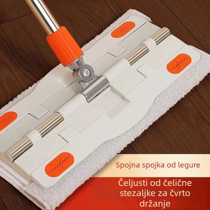 Ploški mop s laminiranim platnom za drvene podove — glava od superfinih vlakana, šipka od nehrđajućeg čelika, četverostruko iscijeđivanje vode, dvostruki pogon