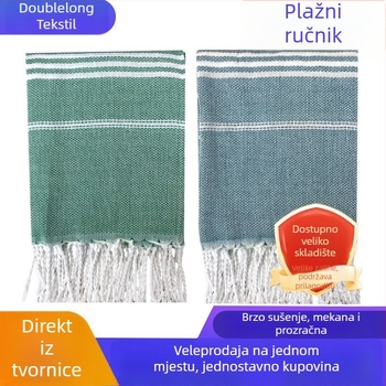 Plažni ručnik s resicama i prugastim uzorkom, zaštita od sunca, poliester-bavlna, 300–400 g, 16 niti, ravna tkanina