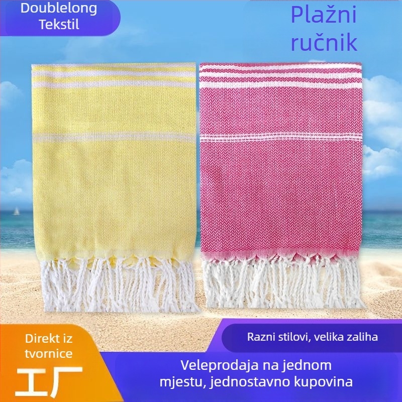 Plažni ručnik s resicama i prugastim uzorkom, zaštita od sunca, poliester-bavlna, 300–400 g, 16 niti, ravna tkanina