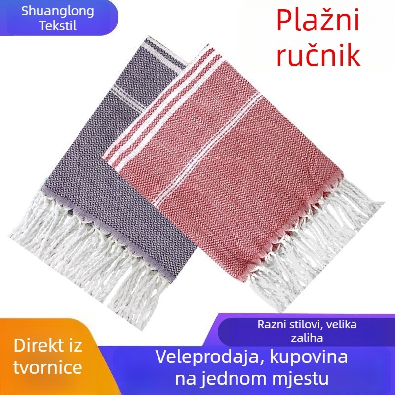 Plažni ručnik s resicama i prugastim uzorkom, zaštita od sunca, poliester-bavlna, 300–400 g, 16 niti, ravna tkanina