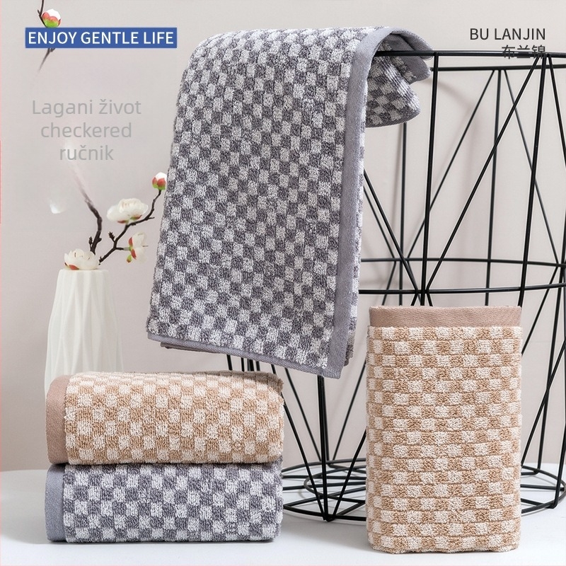 Ručnik za lice, debeli retro karirani uzorak, 100% pamuk, Jacquard tkanina, 100–120 g, 32S vlakna, mekan i vrlo upijajući