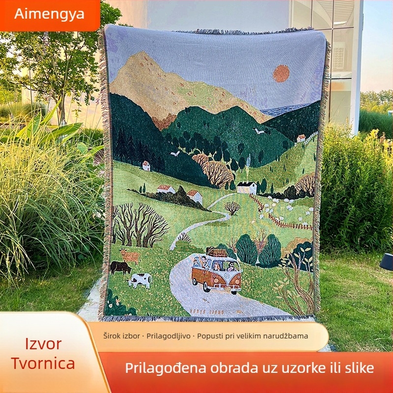 Jacquard tapiserija s karikaturalnim motívom – poliesterova smjesa, 81–90% poliester, strojno tkanje, pranje u stroju, pravokutni oblik