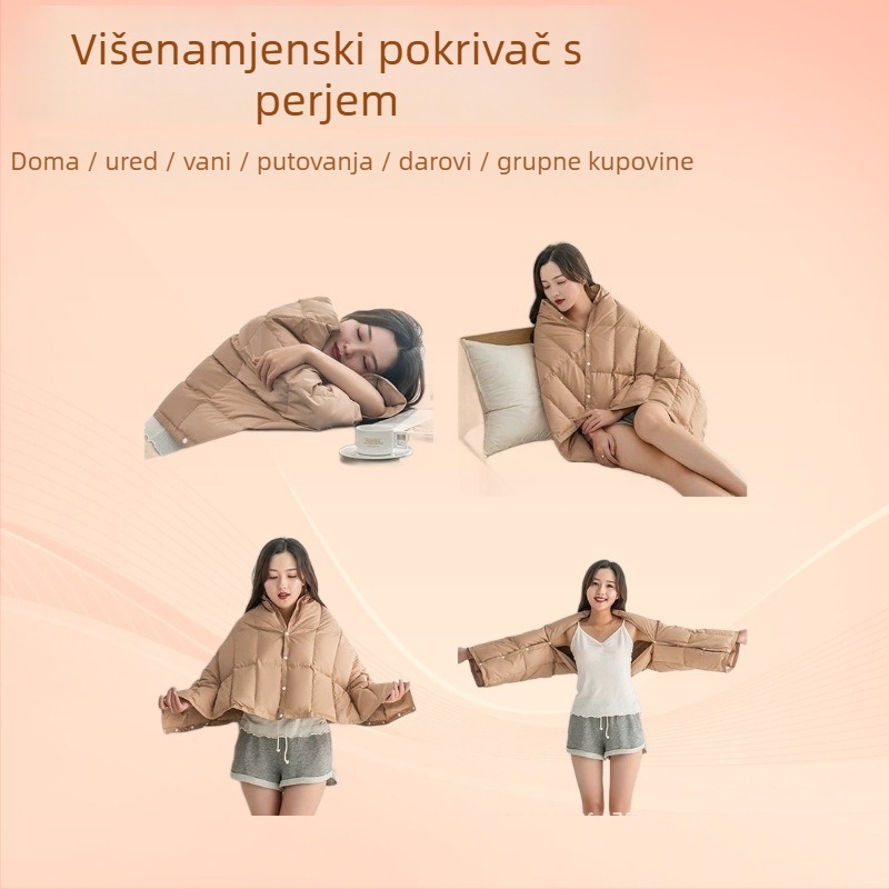 Deka s perjem, prijenosna i višefunkcionalna za dom i putovanja, 60 g, 70% perje patke, poliester tkanina, prilagodljiva
