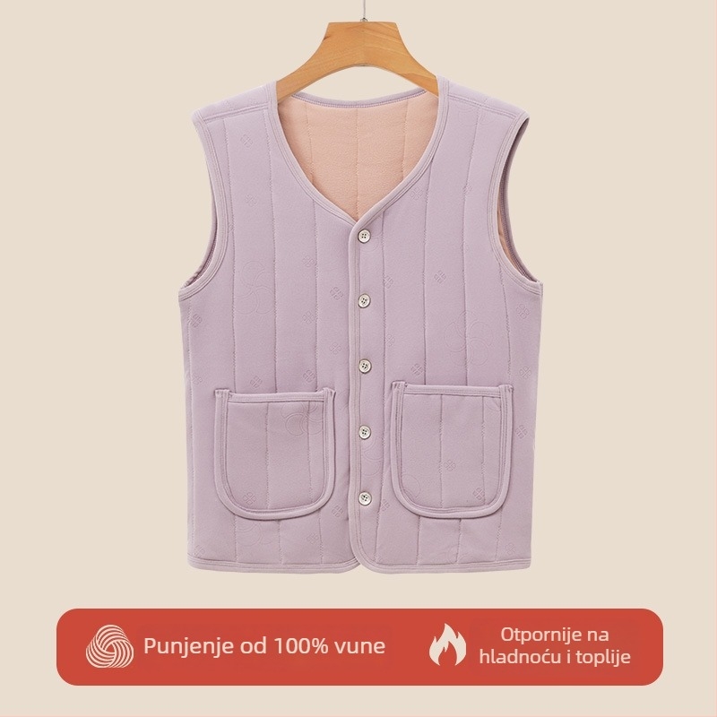 Vunena vest s flecom za srednju dob i starije osobe — Space Cotton tkanina, redovita duljina, 90–95% vuna, 90–95% poliester