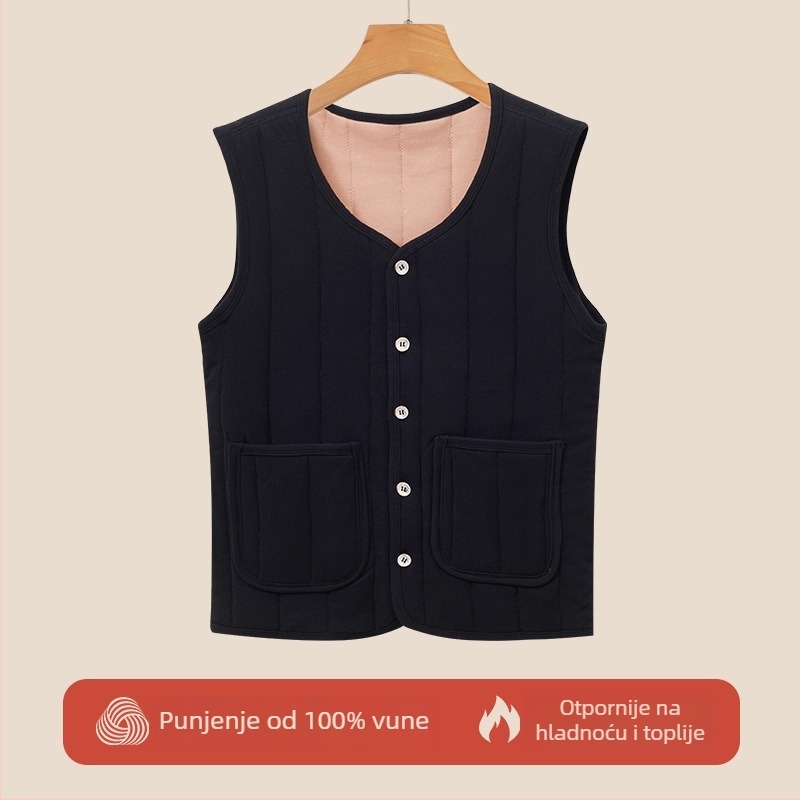 Vunena vest s flecom za srednju dob i starije osobe — Space Cotton tkanina, redovita duljina, 90–95% vuna, 90–95% poliester