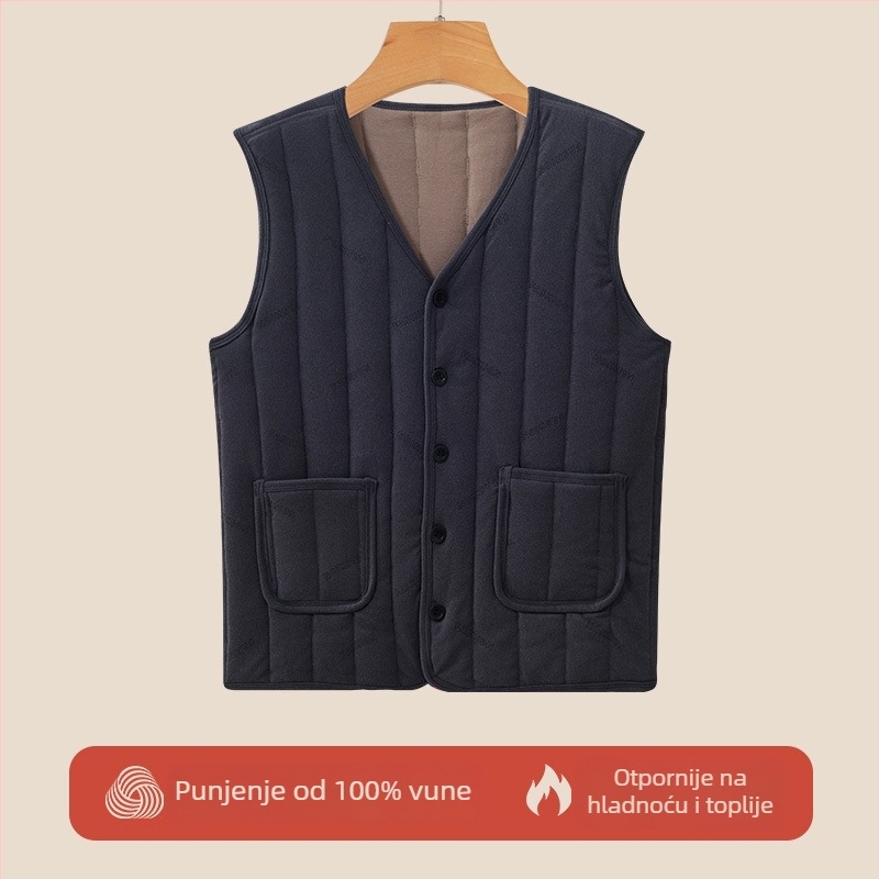 Vunena vest s flecom za srednju dob i starije osobe — Space Cotton tkanina, redovita duljina, 90–95% vuna, 90–95% poliester