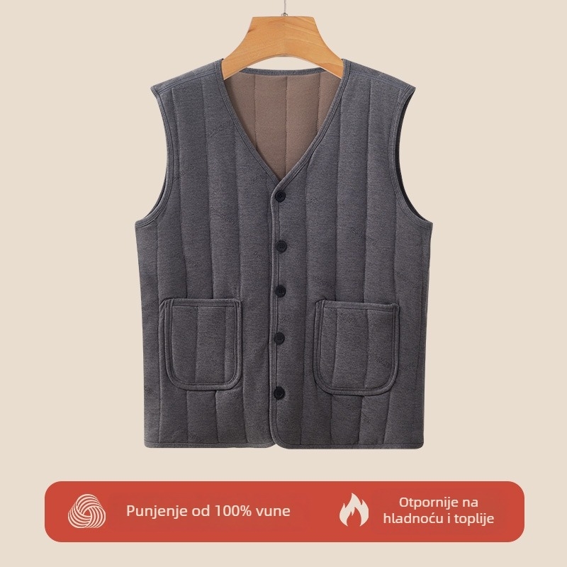 Vunena vest s flecom za srednju dob i starije osobe — Space Cotton tkanina, redovita duljina, 90–95% vuna, 90–95% poliester