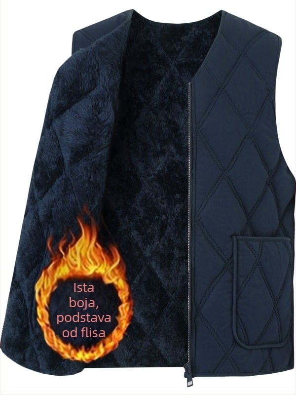 Muška pamučna vesta s fleece podstavom, kapuljačom, V-izrezom, zatvaračem, patch džepovima 3D