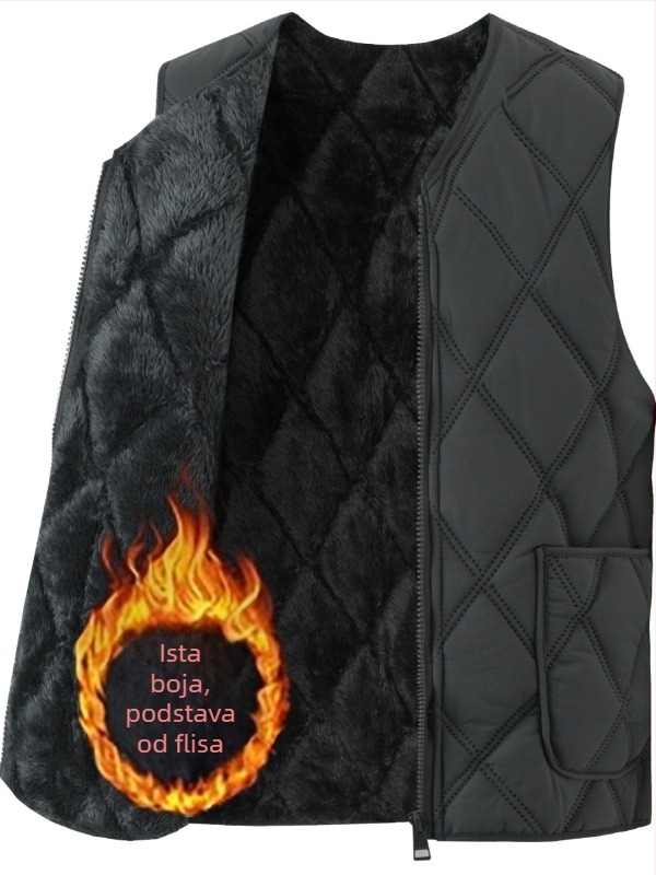 Muška pamučna vesta s fleece podstavom, kapuljačom, V-izrezom, zatvaračem, patch džepovima 3D
