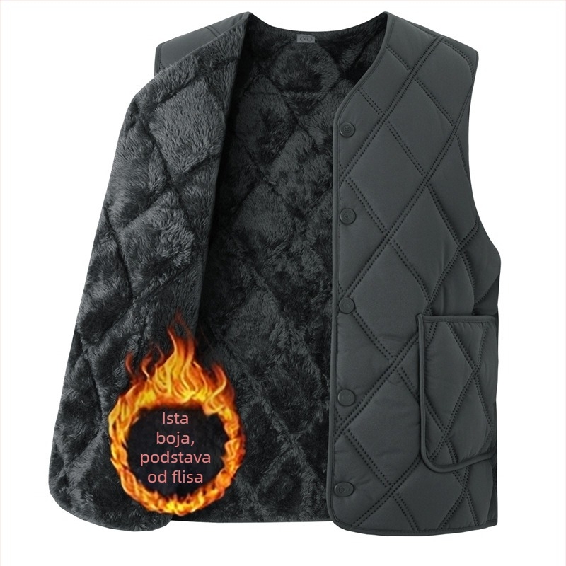Muška pamučna vesta s fleece podstavom, kapuljačom, V-izrezom, zatvaračem, patch džepovima 3D