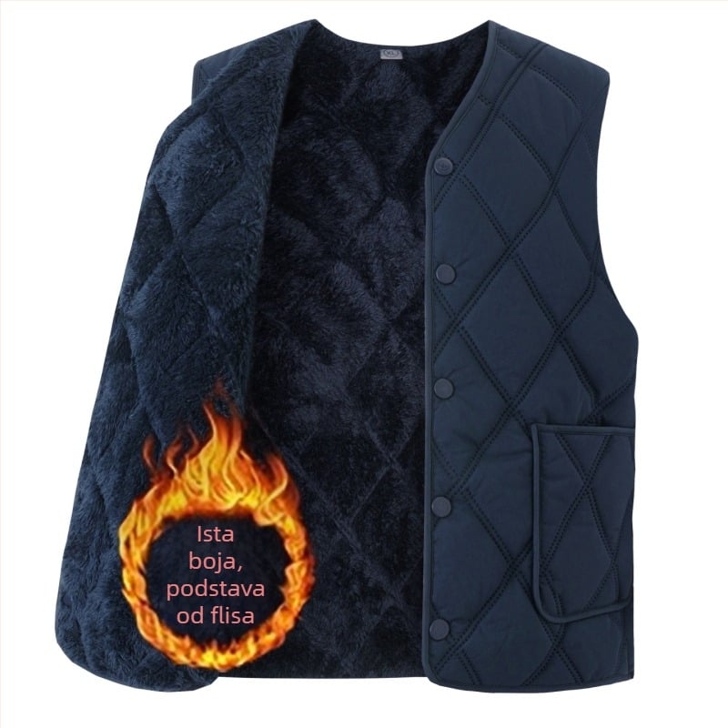 Muška pamučna vesta s fleece podstavom, kapuljačom, V-izrezom, zatvaračem, patch džepovima 3D