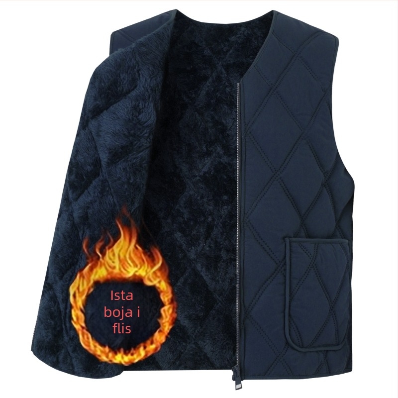 Muška pamučna vesta s fleece podstavom, kapuljačom, V-izrezom, zatvaračem, patch džepovima 3D