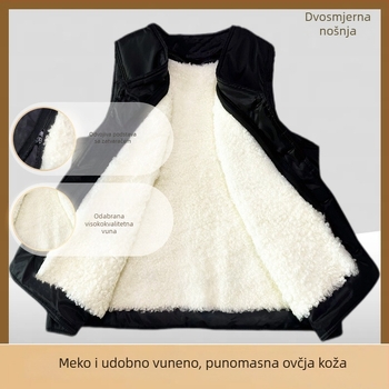 Muški prsluk od kunić krzna s kordurojnim platnom, kapuljačom, V-izrezom, prugast uzorak