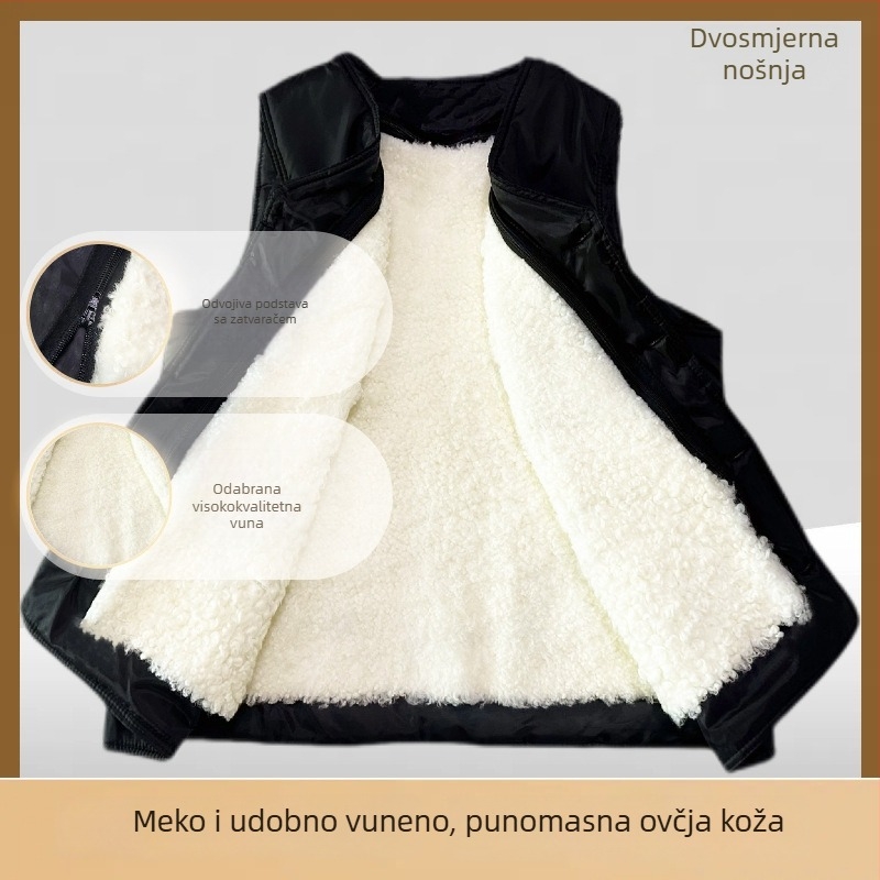 Muški prsluk od kunić krzna s kordurojnim platnom, kapuljačom, V-izrezom, prugast uzorak