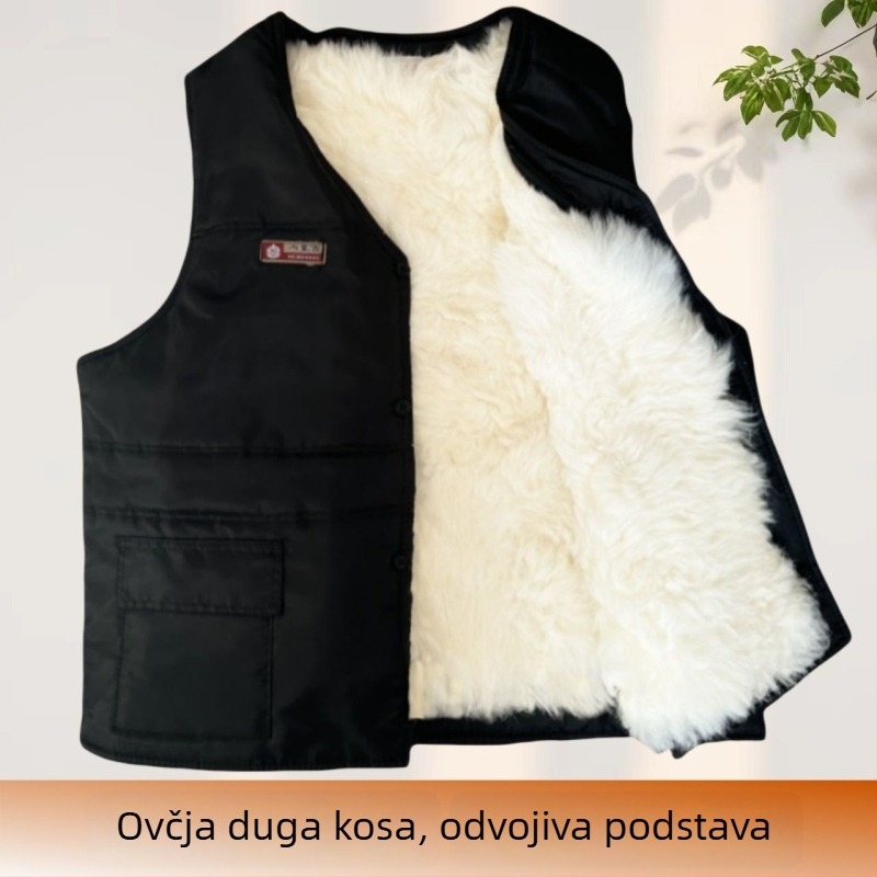 Muški prsluk od kunić krzna s kordurojnim platnom, kapuljačom, V-izrezom, prugast uzorak