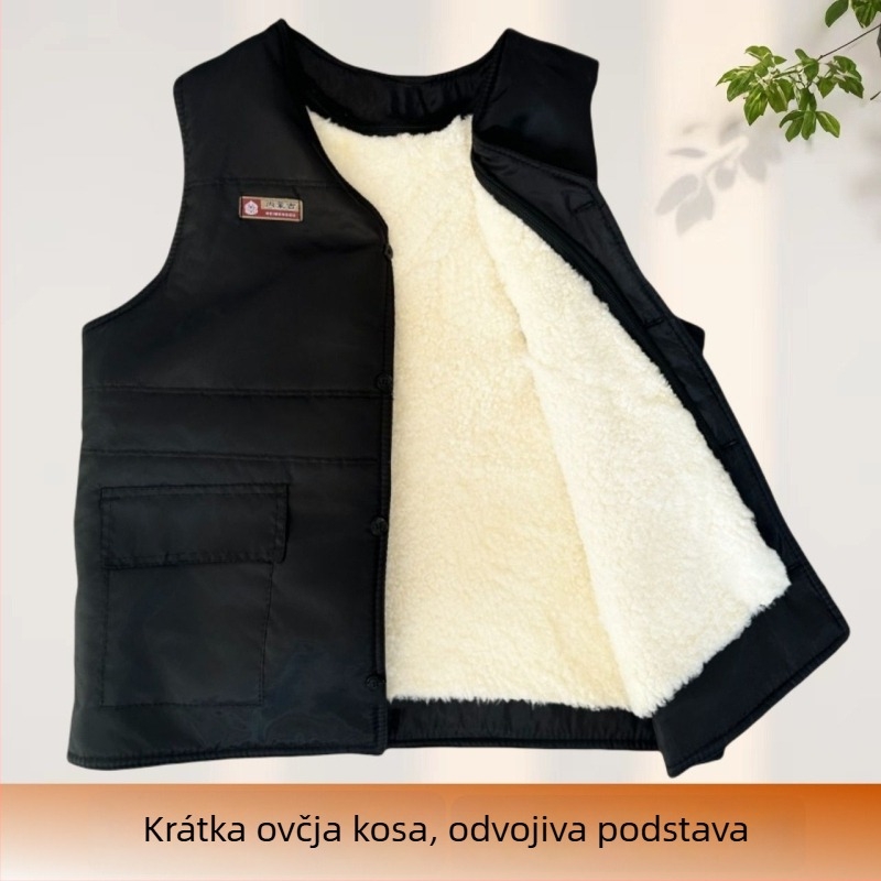 Muški prsluk od kunić krzna s kordurojnim platnom, kapuljačom, V-izrezom, prugast uzorak