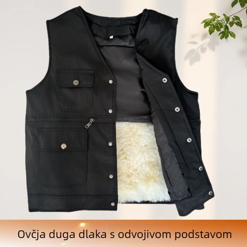 Muški prsluk od kunić krzna s kordurojnim platnom, kapuljačom, V-izrezom, prugast uzorak