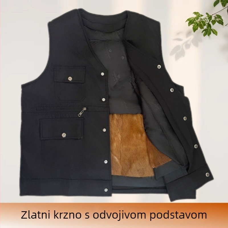 Muški prsluk od kunić krzna s kordurojnim platnom, kapuljačom, V-izrezom, prugast uzorak