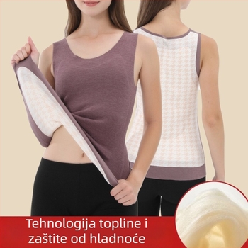 Ženski termo prsluk od vuneno-silkovog materijala, s fleece podstavom, trostruka konstrukcija, V-izrez, s aplikacijom