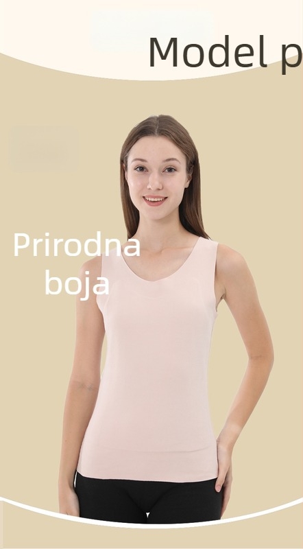 Ženski termo prsluk od vuneno-silkovog materijala, s fleece podstavom, trostruka konstrukcija, V-izrez, s aplikacijom