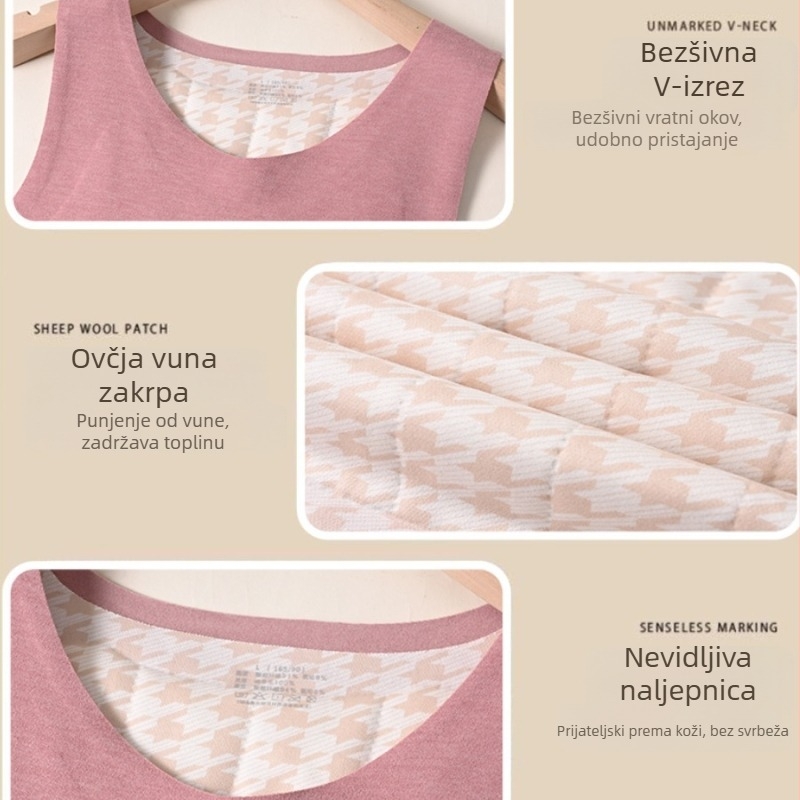 Ženski termo prsluk od vuneno-silkovog materijala, s fleece podstavom, trostruka konstrukcija, V-izrez, s aplikacijom