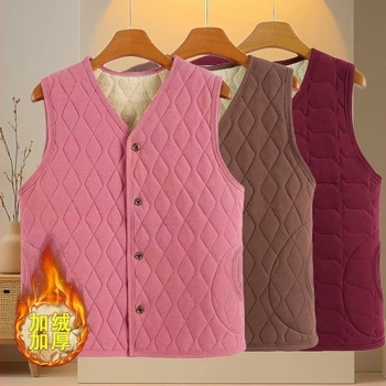 Ženski vest za jesen-zimu s Derong baršunom i flis podstavom, topao i debeo, V-izrez, prugasto ili karirano uzorak, srednja duljina 50–65 cm