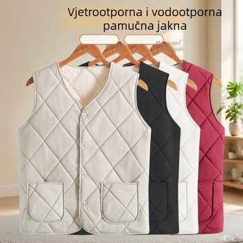 Flis bezruk vest s pamukovim punjenjem, gradski stil, V izrez, geometrijski uzorak