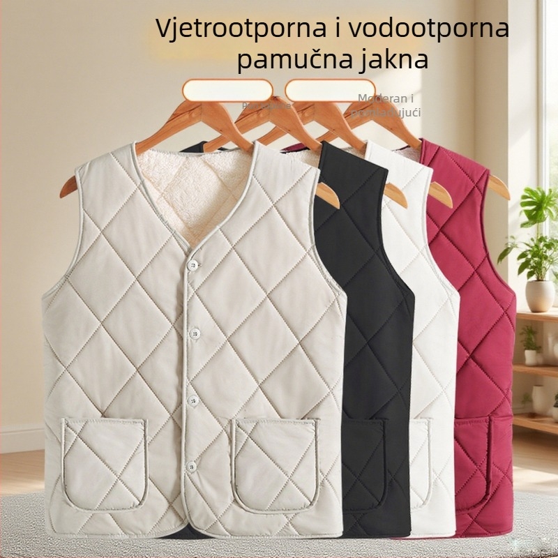 Flis bezruk vest s pamukovim punjenjem, gradski stil, V izrez, geometrijski uzorak