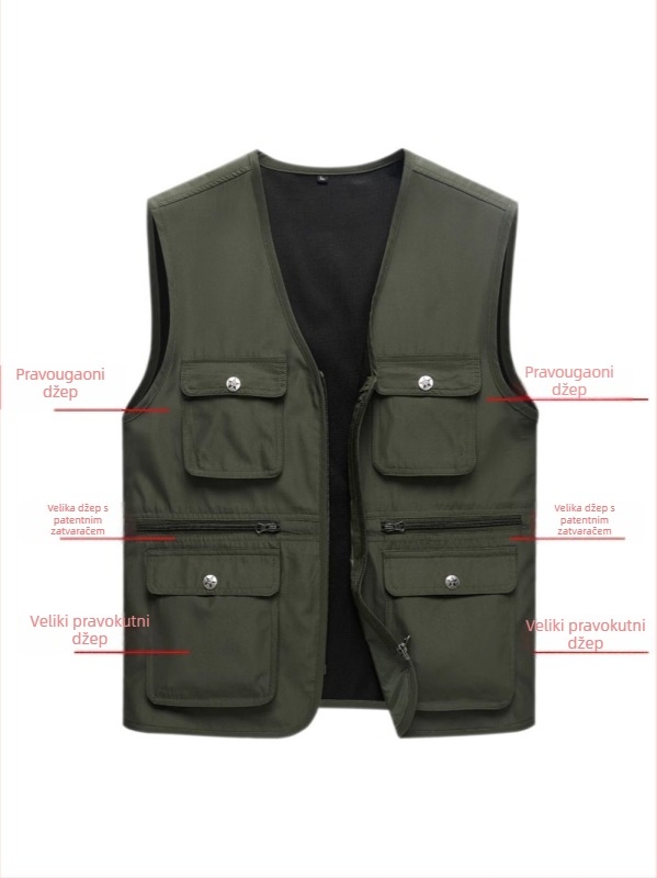 Radna vesta od 100% pamuka, slobodan kroj, ljeto, džepovi tipa patch