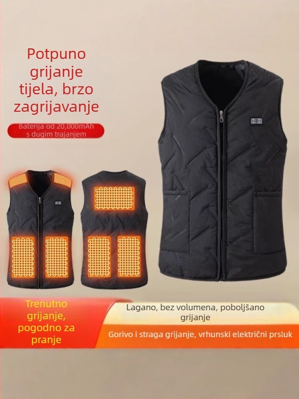 Grijana pamučna vesta s inteligentnim grijanim ugljičnim vlaknima za vanjske vježbe - fleece podstava, pamukovo punjenje, prilagođeni kroj, poliester tkanina s najlonskom podstavom, trodimenzionalne džepove