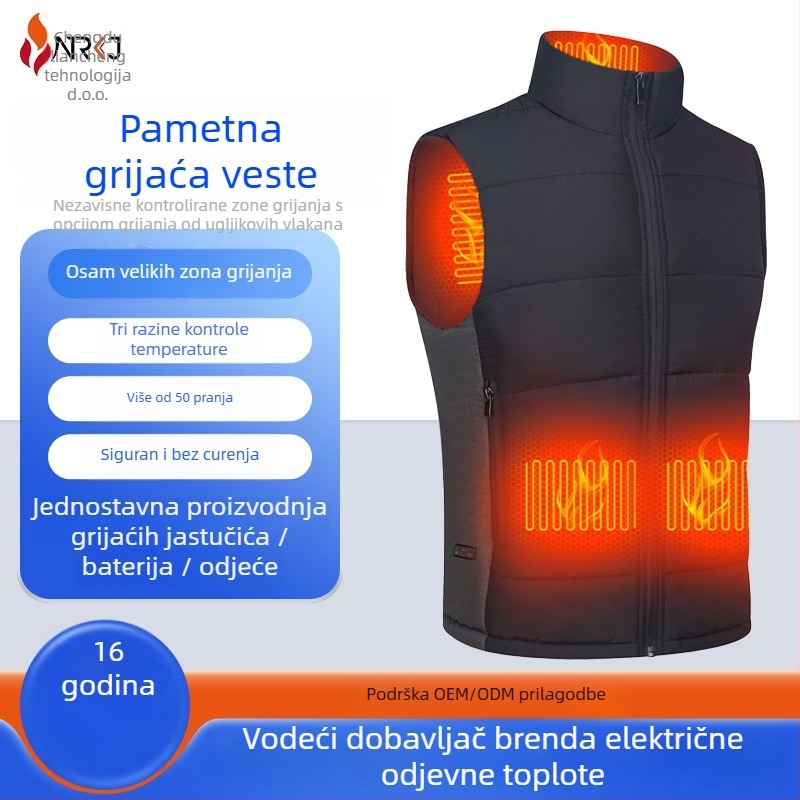 Električni grijani vest za odrasle sa stojećim ovratnikom, pamukom ispunom, vanjski materijal od poliestera, ravni rub, za slobodno vrijeme na otvorenom