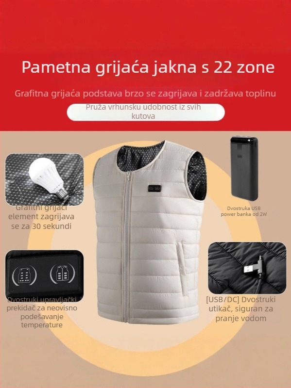 Inteligentno grijani prsluk za muškarce i žene, vanjsko električno grijanje, bez kapulje, fleec podstava, punjenje od pamuka