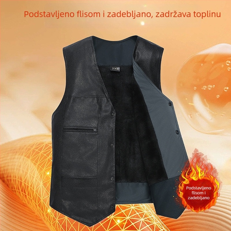 Muški PU kožni prsluk sa flis podstavom, otporan na vjetar, džepovi sa zatvaračima, standardne duljine