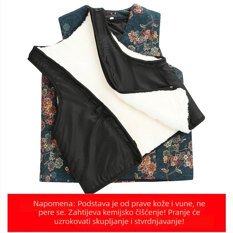 Ženska vunena vesta s integriranim krznom i pamukovim punilom, cvjetni uzorak, jesen-zima, kardigan stil, V-izrez