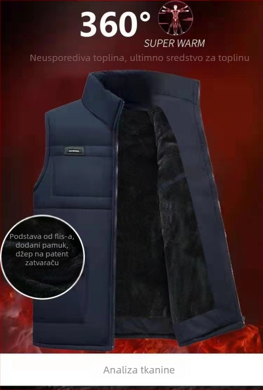 Muška pamučna puffer vest — flees podstava, pliš debljina, pamuk punjenje, pamuk vanjski materijal i podstava, slobodan kroj, bez kapucje
