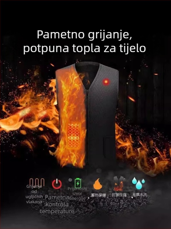 Grijana vesta s karbonskim vlaknima, napajanje USB-om, podstava od flisa, vodootporna, otporna na vjetar i prašinu, bez kapulje, za osobe srednje dobi i starije