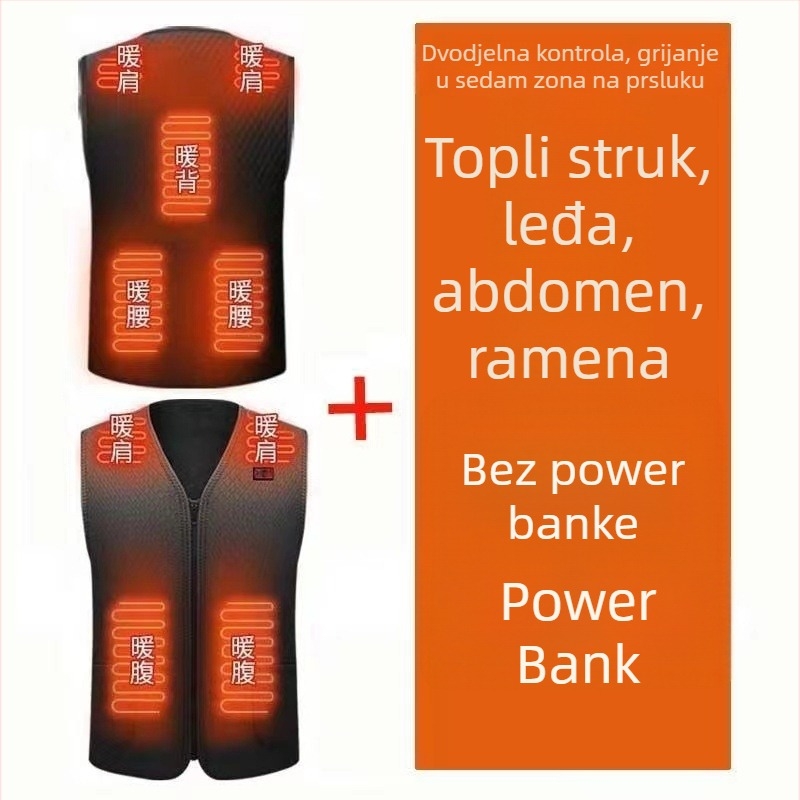 Grijana vesta s karbonskim vlaknima, napajanje USB-om, podstava od flisa, vodootporna, otporna na vjetar i prašinu, bez kapulje, za osobe srednje dobi i starije
