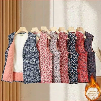 Ženski poliester vest s floralnim uzorkom, srednje duljine 50-65 cm, elegantan gradski stil, sadržaj poliestera 80-90%