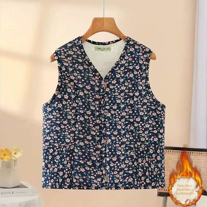 Ženski poliester vest s floralnim uzorkom, srednje duljine 50-65 cm, elegantan gradski stil, sadržaj poliestera 80-90%