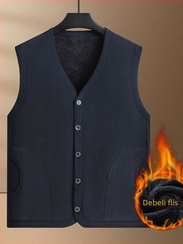 Muška flis vest s V-izrezom, bez rukava, bočni džepovi, ravni rub, jesen 2025