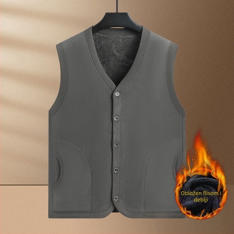 Muška flis vest s V-izrezom, bez rukava, bočni džepovi, ravni rub, jesen 2025