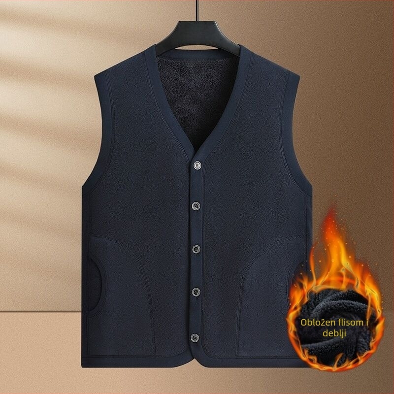 Muška flis vest s V-izrezom, bez rukava, bočni džepovi, ravni rub, jesen 2025