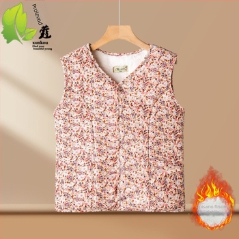 Zimski cvjetni milksilk prsluk s flis podstavom, elegantan gradski stil, V-izrez, postotak vlakna 50–70%, Zima 2025